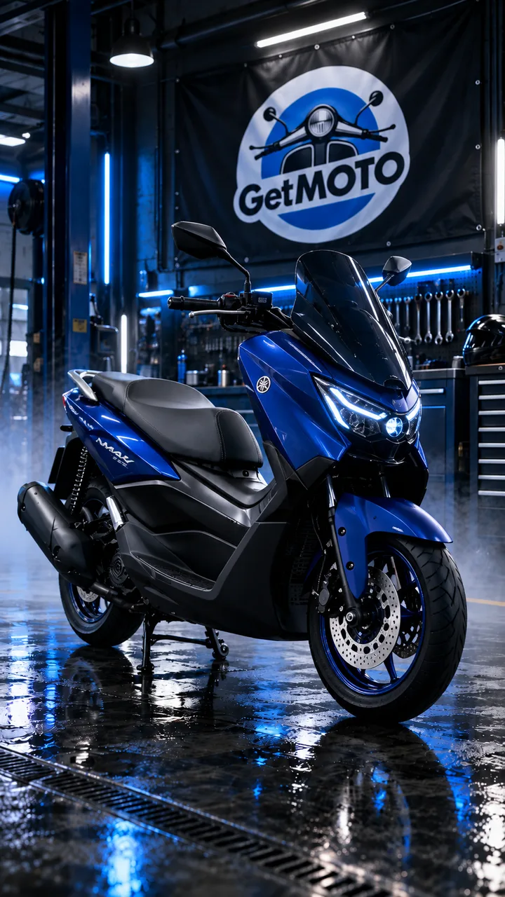 Blue Yamaha NMAX 125 scooter in the GetMOTO workshop