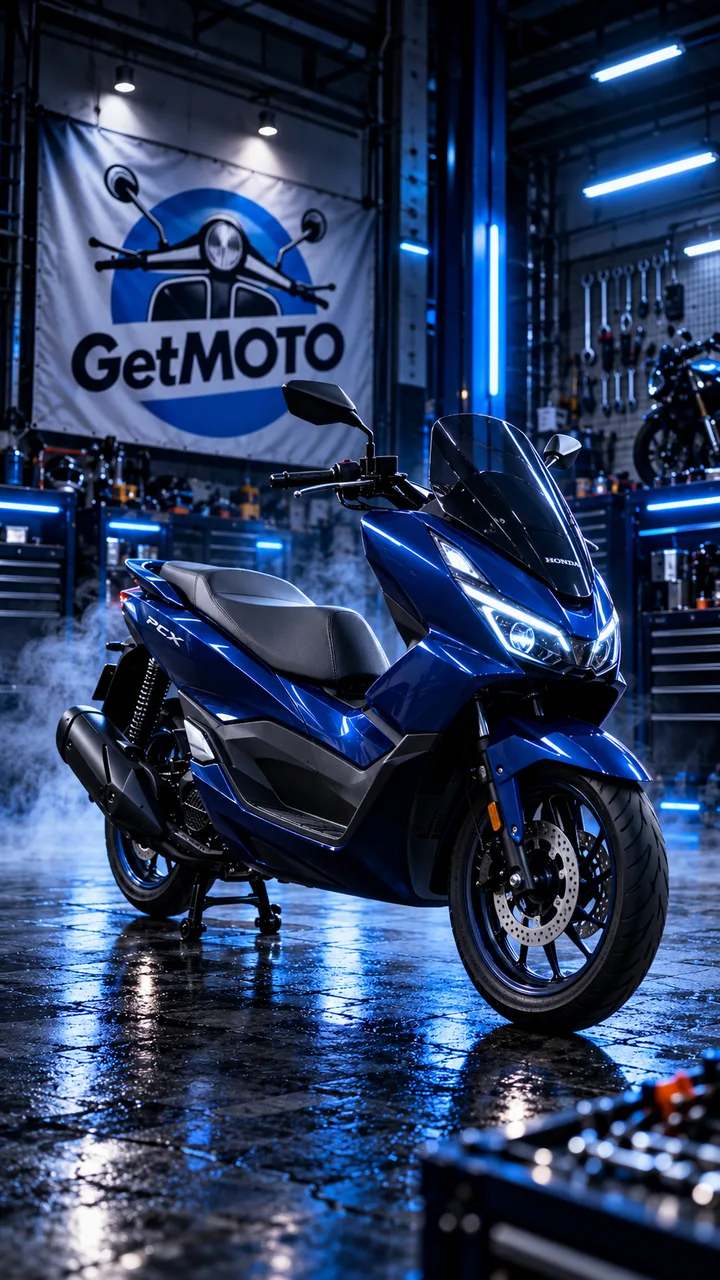 Blue Honda PCX 125 scooter in the GetMOTO workshop