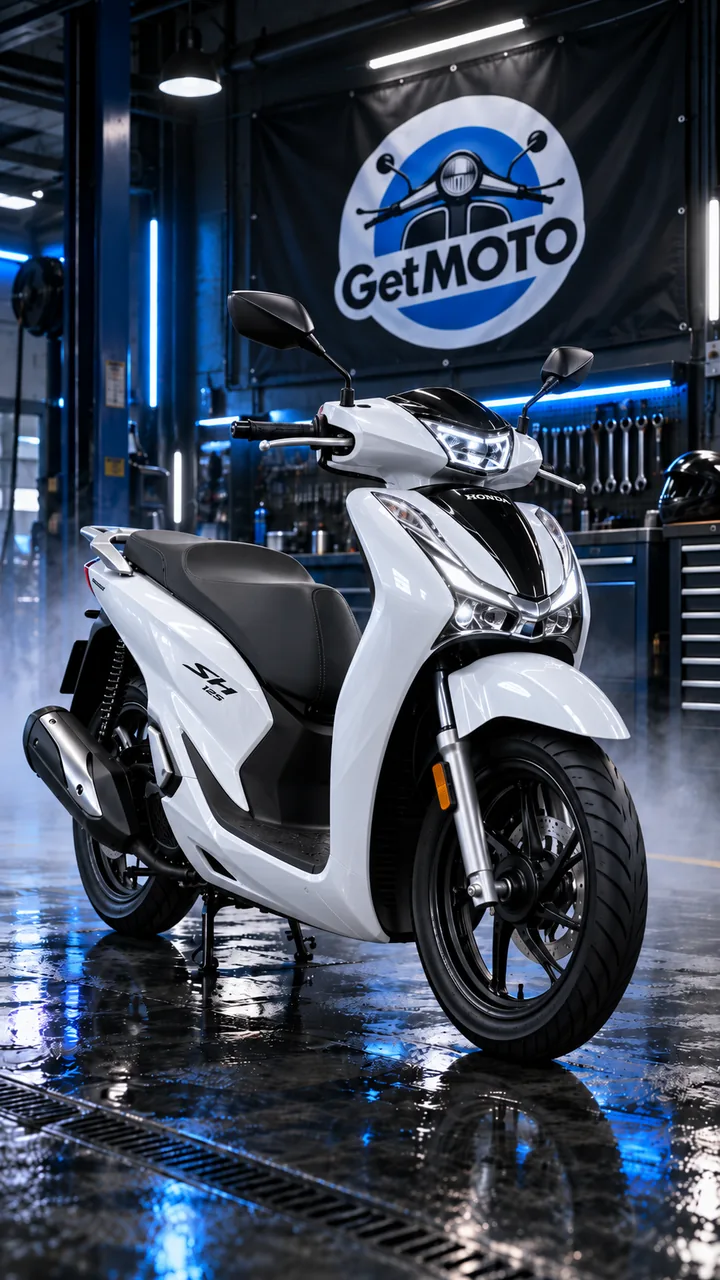 White Honda SH 125 scooter in the GetMOTO workshop