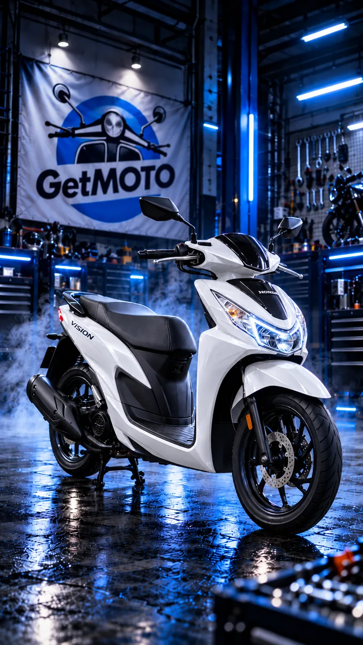 White Honda Vision scooter in the GetMOTO workshop