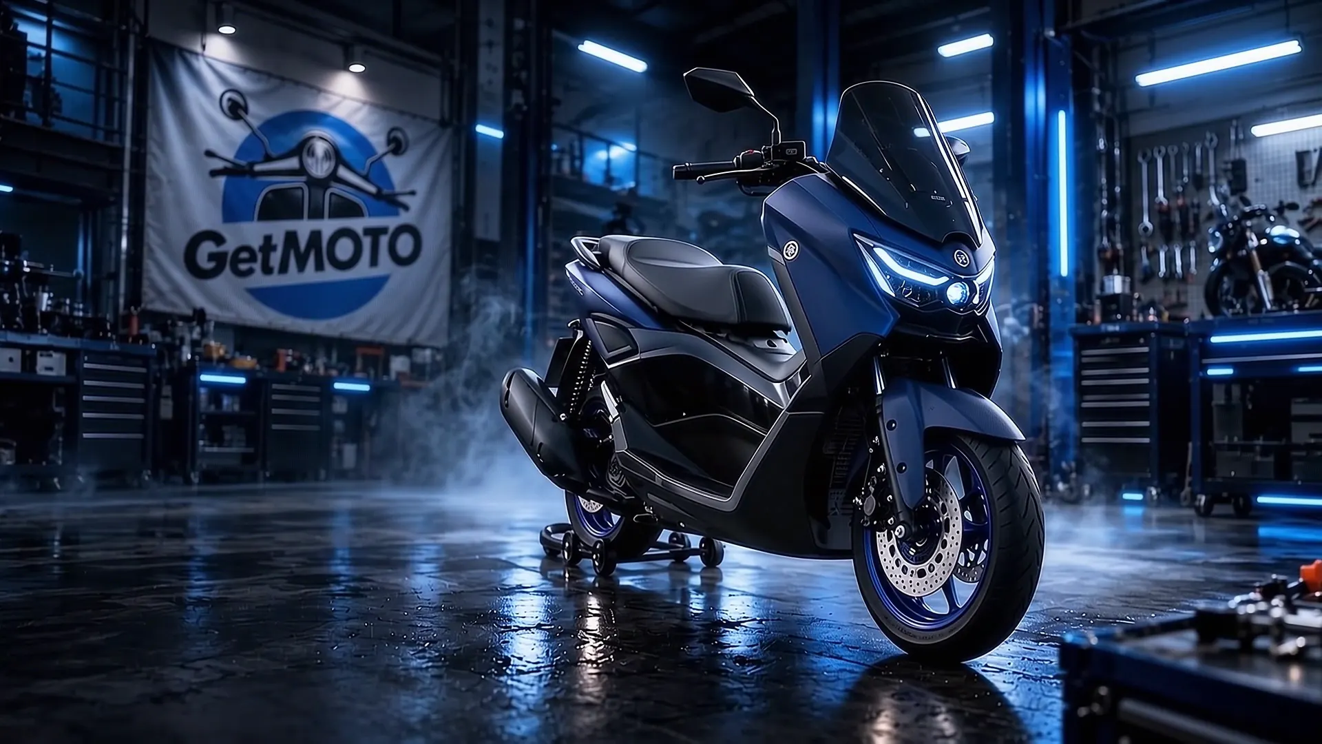 Blue maxi scooter in the GetMOTO workshop